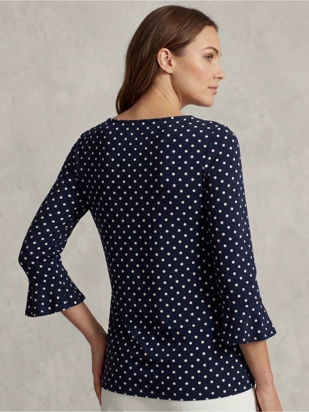 Lauren Ralph Lauren Navy and White Polka Dot Top with Ruffle Cuffs Size Large